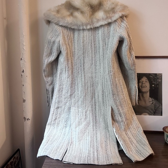 vintage perry ellis tan gray full length wool blend coat fur hood collar - Picture 11 of 13